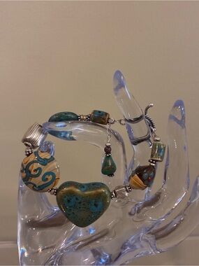 Silpada Turquoise & Earth-Tone Heart Charm Sterling Silver .925 Bracelet Retired